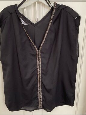 Sleeveless Black V-Neck Blouse with Metallic Trim